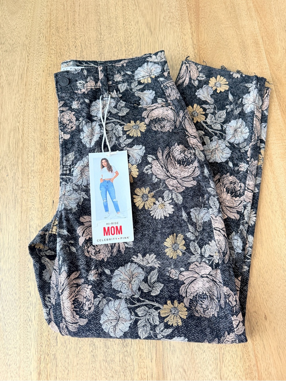 Celebrity Pink High-Rise Mom Jeans with Floral Print - Black, Cream & Tan
